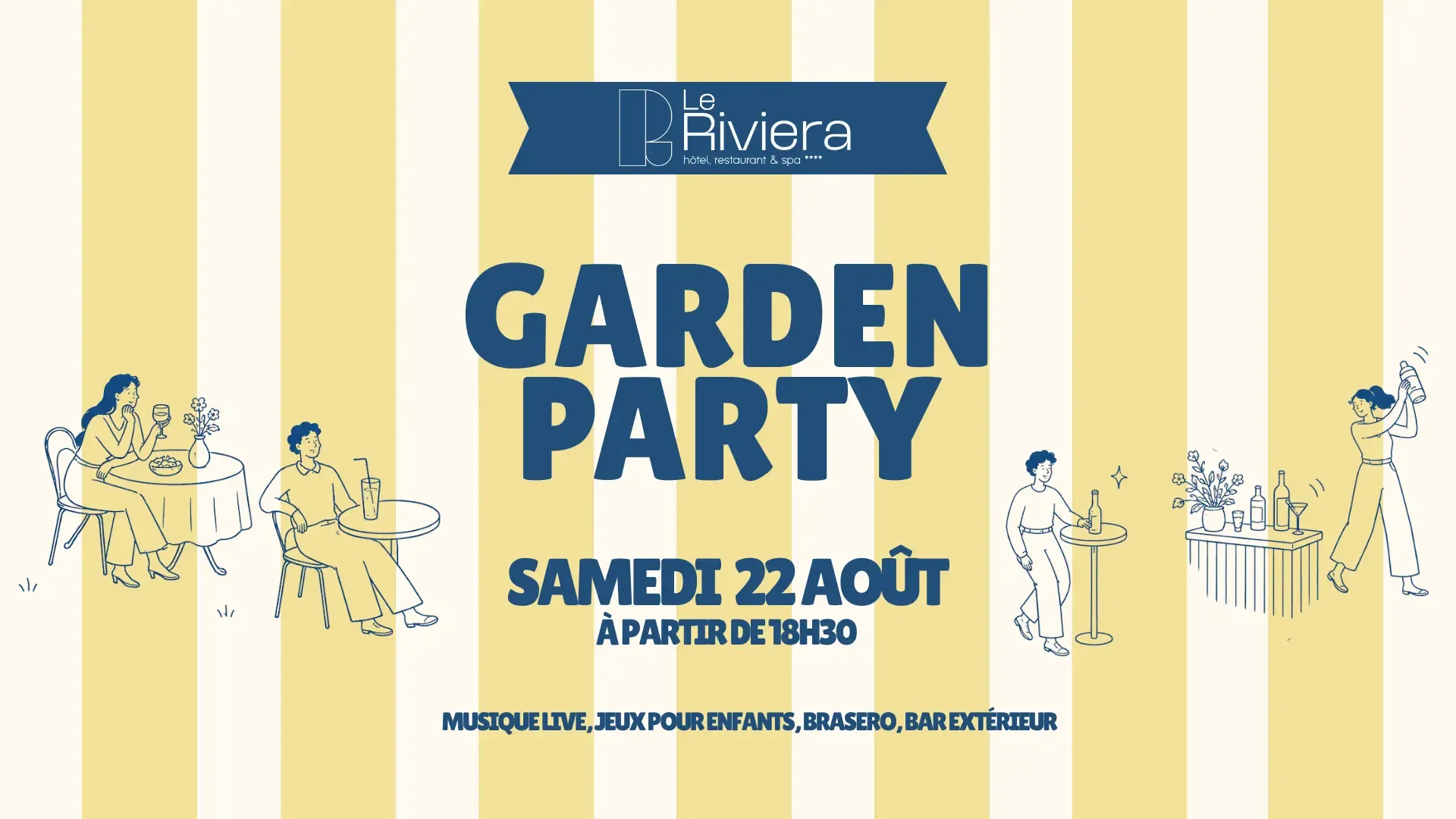 Affiche jaune et bleue annonçant une garden party le samedi 22 août à partir de 18h30 avec des illustrations de personnes en train de socialiser